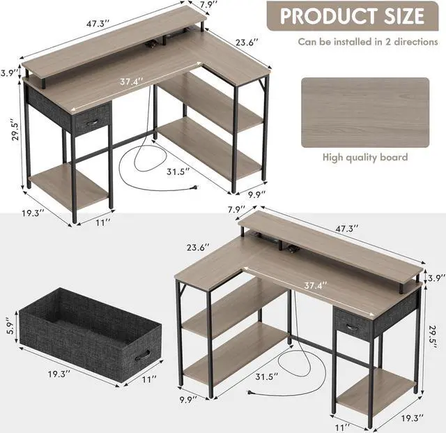 Alt view image 3 of 7 - Homall L Shaped Gaming Desk with LED Lights & Power Outlets, Reversible Computer Desk with Shelves & Drawer, 47 Corner Desk Table with Monitor Stand, Home Office Study Writing Table (Grey)