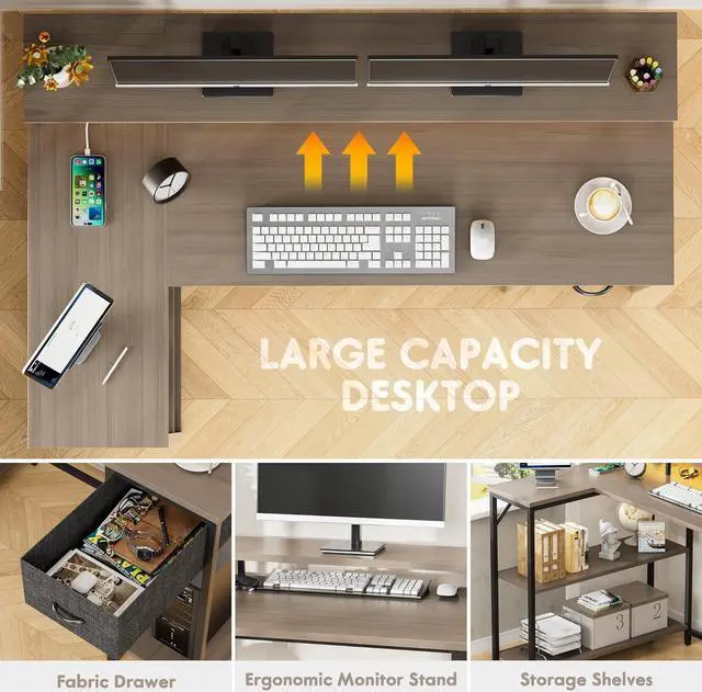 Alt view image 5 of 7 - Homall L Shaped Gaming Desk with LED Lights & Power Outlets, Reversible Computer Desk with Shelves & Drawer, 47 Corner Desk Table with Monitor Stand, Home Office Study Writing Table (Grey)