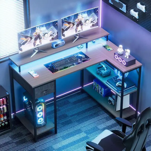 Alt view image 4 of 7 - Homall L Shaped Gaming Desk with LED Lights & Power Outlets, Reversible Computer Desk with Shelves & Drawer, 47 Corner Desk Table with Monitor Stand, Home Office Study Writing Table (Grey)