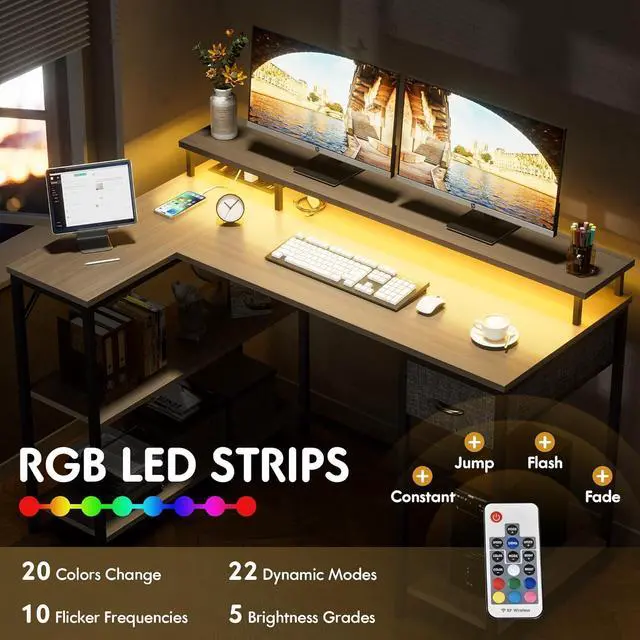 Alt view image 6 of 7 - Homall L Shaped Gaming Desk with LED Lights & Power Outlets, Reversible Computer Desk with Shelves & Drawer, 47 Corner Desk Table with Monitor Stand, Home Office Study Writing Table (Grey)