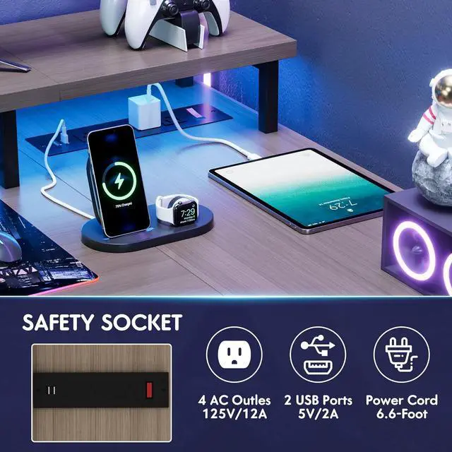 Alt view image 7 of 7 - Homall L Shaped Gaming Desk with LED Lights & Power Outlets, Reversible Computer Desk with Shelves & Drawer, 47 Corner Desk Table with Monitor Stand, Home Office Study Writing Table (Grey)