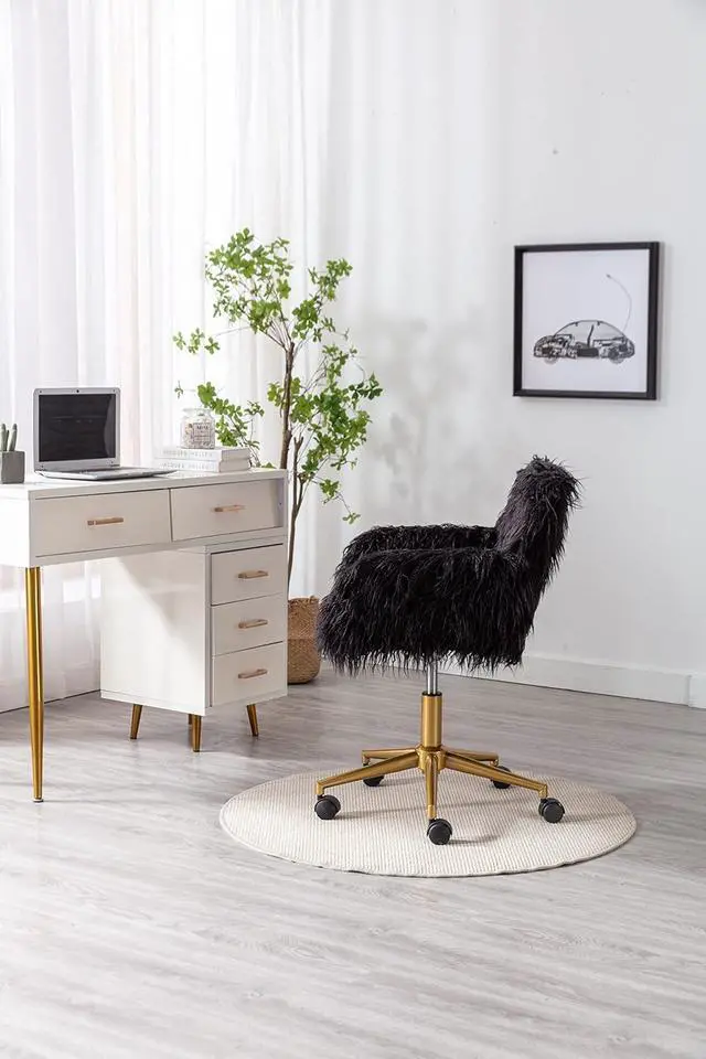 Alt view image 4 of 5 - HomVent Fluffy Desk Chair Pink Faux Fur Vanity Chair Adjustable Swivel Computer Chair on Wheels Height Adjustable Cute Desk Chair for Makeup Room Teen Girls Bedroom Home Office (Black 2 A)