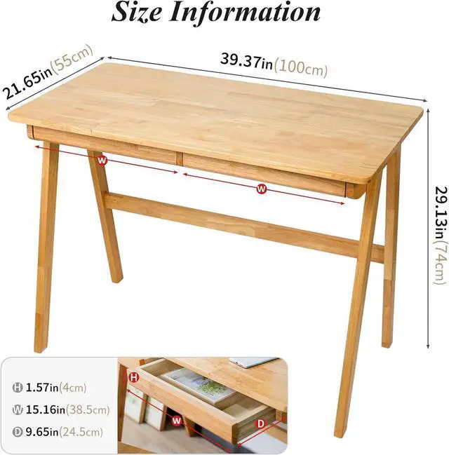 Alt view image 2 of 7 - Computer Desk with Drawers, Solid Wood Writing Desk, Mid Century Modern Home Office Desks, Oak Study Table, Small Desk for Bedroom, 29.1 H x 39.4 W x 21.7 D Inches, Natural