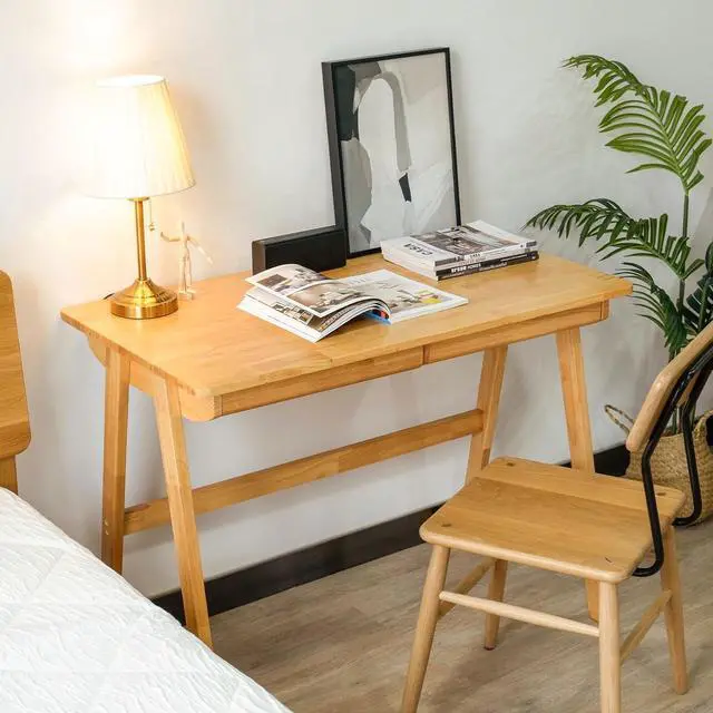 Alt view image 3 of 7 - Computer Desk with Drawers, Solid Wood Writing Desk, Mid Century Modern Home Office Desks, Oak Study Table, Small Desk for Bedroom, 29.1 H x 39.4 W x 21.7 D Inches, Natural