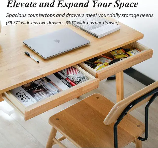 Alt view image 5 of 7 - Computer Desk with Drawers, Solid Wood Writing Desk, Mid Century Modern Home Office Desks, Oak Study Table, Small Desk for Bedroom, 29.1 H x 39.4 W x 21.7 D Inches, Natural