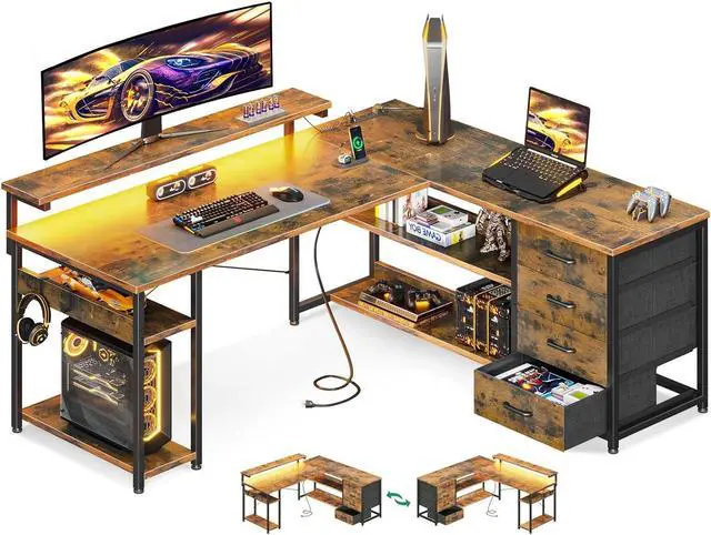 Main image of AODK 53" L Shaped Desk with Drawer, Computer Desk with Power Outlets & LED Lights, Reversible Corner Gaming Desk for Home Office Workstation, Office Desk with Monitor Shelf, Vintage