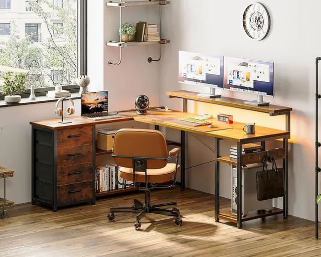 Alt view image 2 of 7 - AODK 53" L Shaped Desk with Drawer, Computer Desk with Power Outlets & LED Lights, Reversible Corner Gaming Desk for Home Office Workstation, Office Desk with Monitor Shelf, Vintage