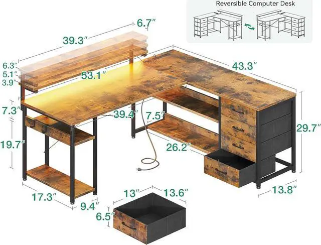 Alt view image 3 of 7 - AODK 53" L Shaped Desk with Drawer, Computer Desk with Power Outlets & LED Lights, Reversible Corner Gaming Desk for Home Office Workstation, Office Desk with Monitor Shelf, Vintage