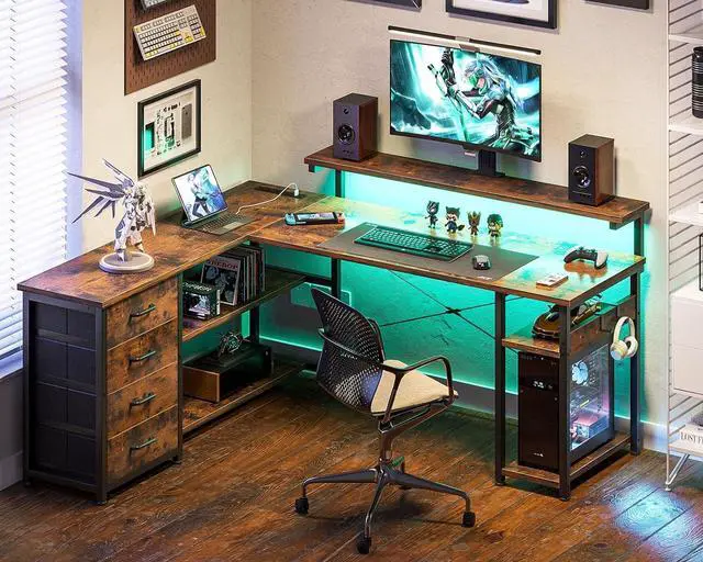Alt view image 7 of 7 - AODK 53" L Shaped Desk with Drawer, Computer Desk with Power Outlets & LED Lights, Reversible Corner Gaming Desk for Home Office Workstation, Office Desk with Monitor Shelf, Vintage