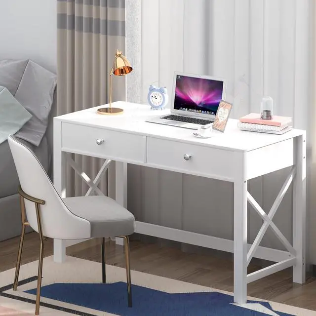 Alt view image 3 of 7 - WiberWi Home Office Desk with Drawers White Modern Writing Computer Desk, Small Makeup Vanity Table Desk for Bedroom, Study Table for Home Office