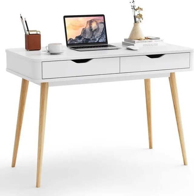 Main image of Tangkula Mid Century Desk with 2 Storage Drawers, Modern Writing Study Desk with Rubber Wood Legs, Versatile Home Office Study Desk for Small Space, Vanity Table for Bedroom (White)