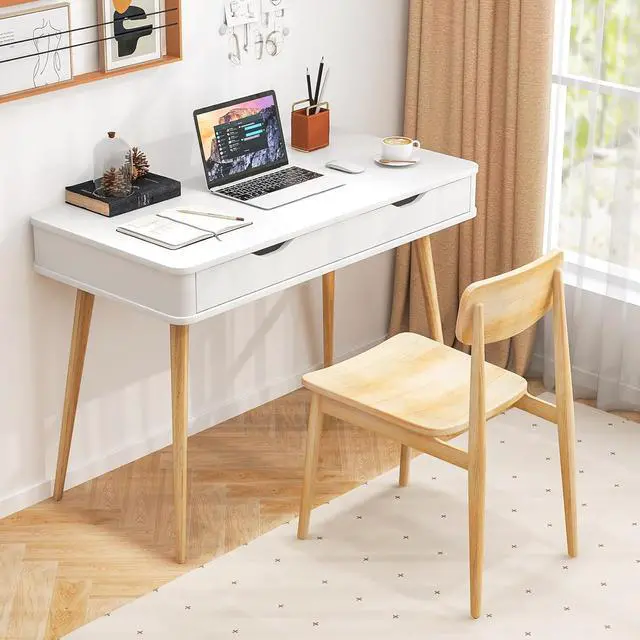 Alt view image 2 of 7 - Tangkula Mid Century Desk with 2 Storage Drawers, Modern Writing Study Desk with Rubber Wood Legs, Versatile Home Office Study Desk for Small Space, Vanity Table for Bedroom (White)