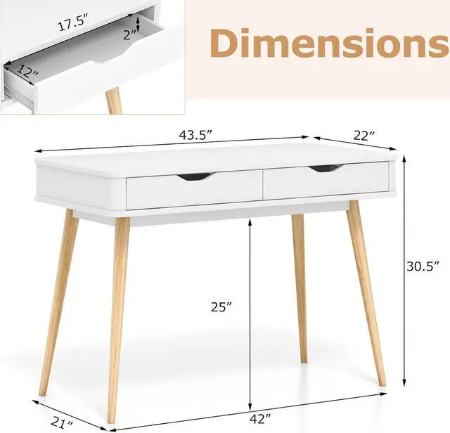 Alt view image 3 of 7 - Tangkula Mid Century Desk with 2 Storage Drawers, Modern Writing Study Desk with Rubber Wood Legs, Versatile Home Office Study Desk for Small Space, Vanity Table for Bedroom (White)