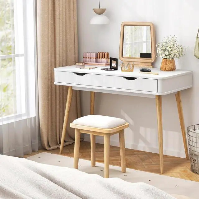 Alt view image 4 of 7 - Tangkula Mid Century Desk with 2 Storage Drawers, Modern Writing Study Desk with Rubber Wood Legs, Versatile Home Office Study Desk for Small Space, Vanity Table for Bedroom (White)