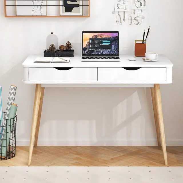 Alt view image 5 of 7 - Tangkula Mid Century Desk with 2 Storage Drawers, Modern Writing Study Desk with Rubber Wood Legs, Versatile Home Office Study Desk for Small Space, Vanity Table for Bedroom (White)