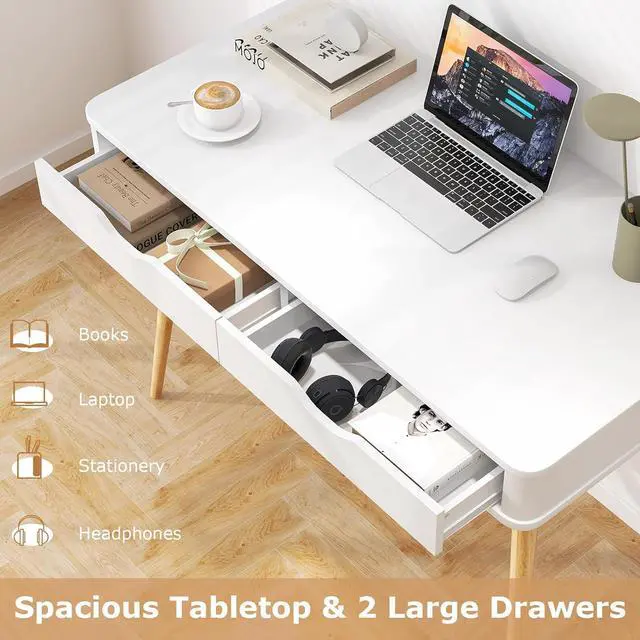 Alt view image 6 of 7 - Tangkula Mid Century Desk with 2 Storage Drawers, Modern Writing Study Desk with Rubber Wood Legs, Versatile Home Office Study Desk for Small Space, Vanity Table for Bedroom (White)