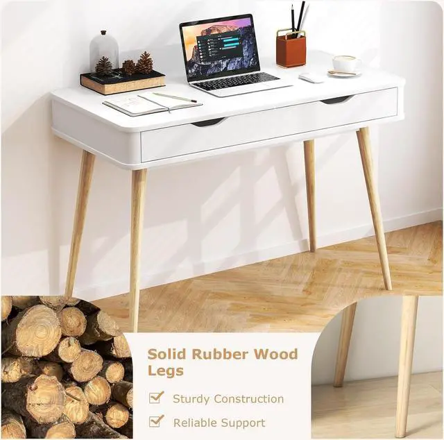 Alt view image 7 of 7 - Tangkula Mid Century Desk with 2 Storage Drawers, Modern Writing Study Desk with Rubber Wood Legs, Versatile Home Office Study Desk for Small Space, Vanity Table for Bedroom (White)