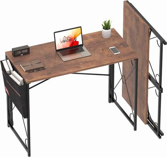 Main image of VECELO Folding Desk with Storage Bag 39 Inch Writing Desk Home Office Sturdy Steel Laptop Table for Home Office Work Rustic Brown