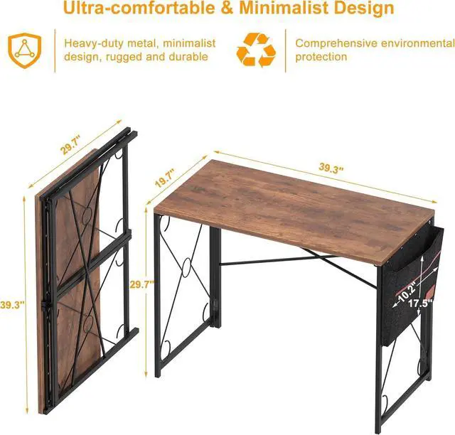 Alt view image 3 of 7 - VECELO Folding Desk with Storage Bag 39 Inch Writing Desk Home Office Sturdy Steel Laptop Table for Home Office Work Rustic Brown
