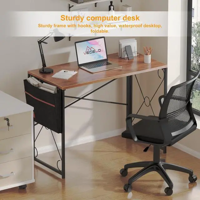 Alt view image 4 of 7 - VECELO Folding Desk with Storage Bag 39 Inch Writing Desk Home Office Sturdy Steel Laptop Table for Home Office Work Rustic Brown