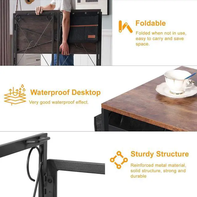 Alt view image 7 of 7 - VECELO Folding Desk with Storage Bag 39 Inch Writing Desk Home Office Sturdy Steel Laptop Table for Home Office Work Rustic Brown