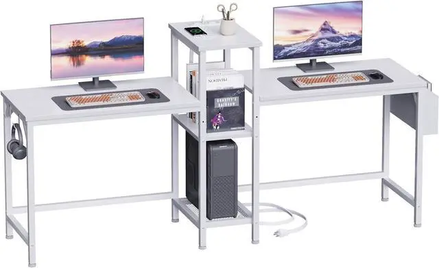 Main image of Furologee Double Desk with Power Outlets, 71 Inch Computer Desk with Storage Bag and Headphone Hooks, Gaming Desk Study Writing Table for Home Office, White