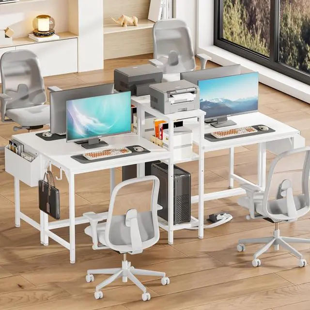 Alt view image 2 of 7 - Furologee Double Desk with Power Outlets, 71 Inch Computer Desk with Storage Bag and Headphone Hooks, Gaming Desk Study Writing Table for Home Office, White