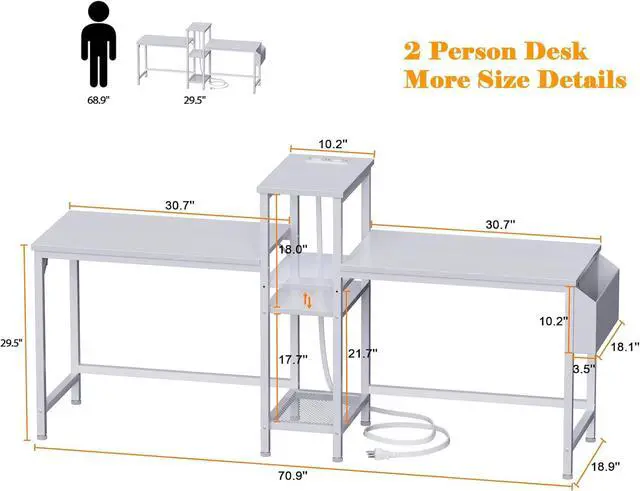 Alt view image 3 of 7 - Furologee Double Desk with Power Outlets, 71 Inch Computer Desk with Storage Bag and Headphone Hooks, Gaming Desk Study Writing Table for Home Office, White