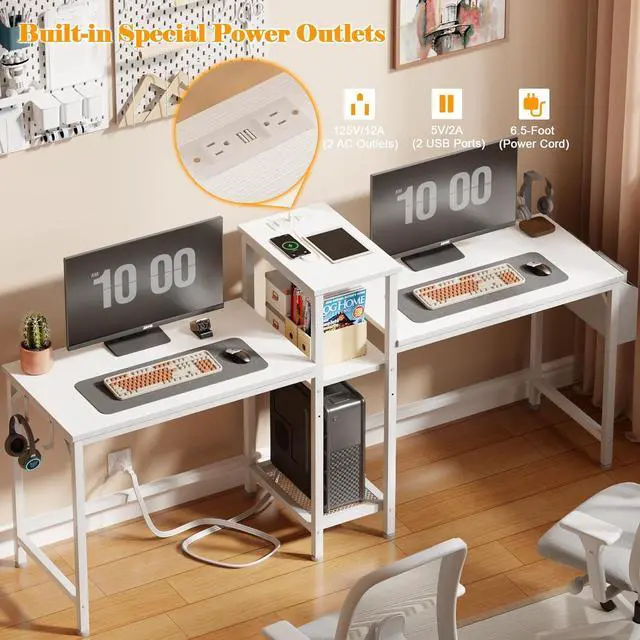 Alt view image 4 of 7 - Furologee Double Desk with Power Outlets, 71 Inch Computer Desk with Storage Bag and Headphone Hooks, Gaming Desk Study Writing Table for Home Office, White