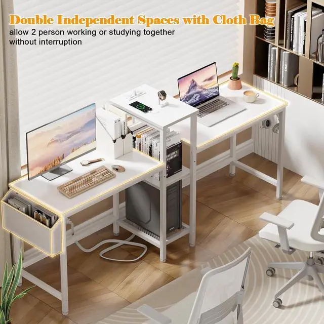 Alt view image 5 of 7 - Furologee Double Desk with Power Outlets, 71 Inch Computer Desk with Storage Bag and Headphone Hooks, Gaming Desk Study Writing Table for Home Office, White