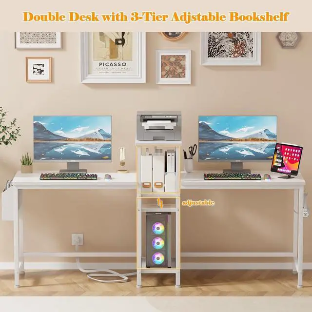 Alt view image 6 of 7 - Furologee Double Desk with Power Outlets, 71 Inch Computer Desk with Storage Bag and Headphone Hooks, Gaming Desk Study Writing Table for Home Office, White