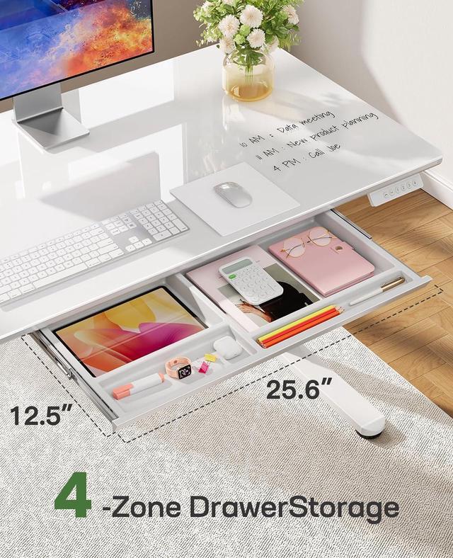 Alt view image 3 of 7 - Marsail Glass Electric Standing Desk with Drawer, 40 x 24 Inches Height-Adjustable Desk, One-Piece Tempered Glass Top, Ergonomic Home Office Sit Stand Desk with 4 Preset Heights, White