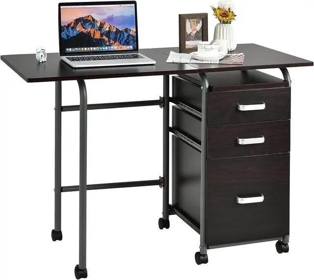 Main image of Tangkula Folding Computer Desk with 3 Storage Drawers, Mobile Home Office Desk Study Writing Desk with Smooth Wheels, Space Saving Compact Desk for Dorm Apartment, Rolling Folding Desk Table