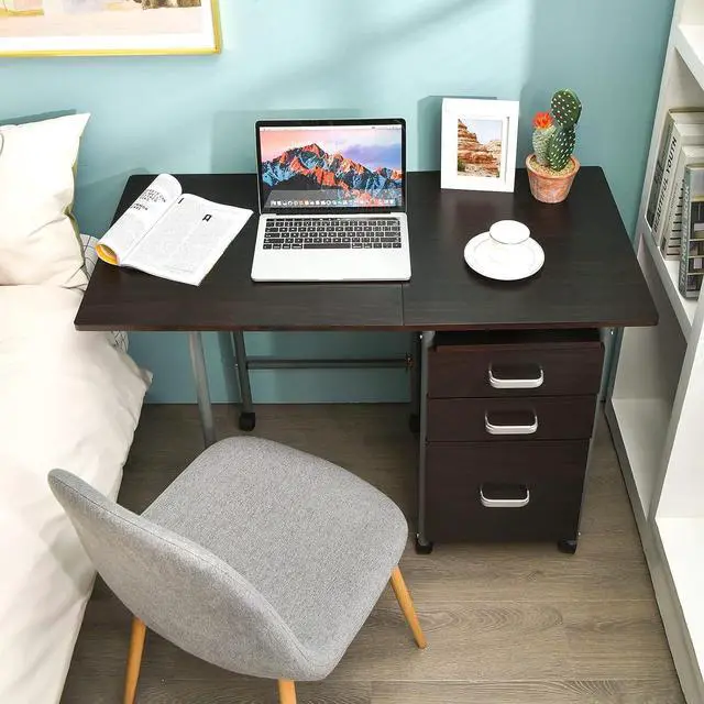 Alt view image 2 of 7 - Tangkula Folding Computer Desk with 3 Storage Drawers, Mobile Home Office Desk Study Writing Desk with Smooth Wheels, Space Saving Compact Desk for Dorm Apartment, Rolling Folding Desk Table