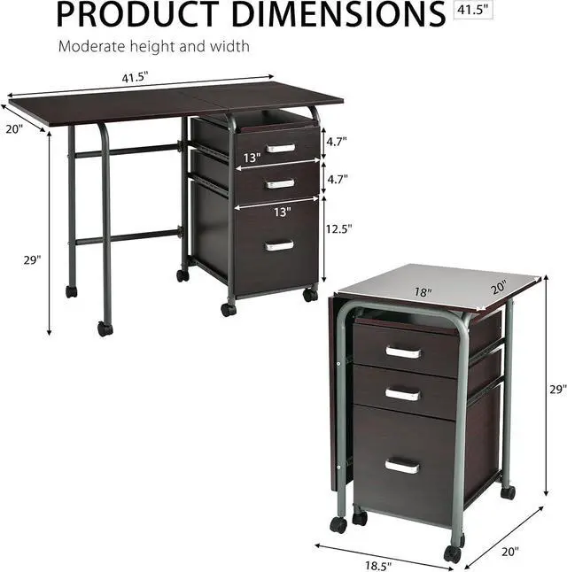 Alt view image 3 of 7 - Tangkula Folding Computer Desk with 3 Storage Drawers, Mobile Home Office Desk Study Writing Desk with Smooth Wheels, Space Saving Compact Desk for Dorm Apartment, Rolling Folding Desk Table