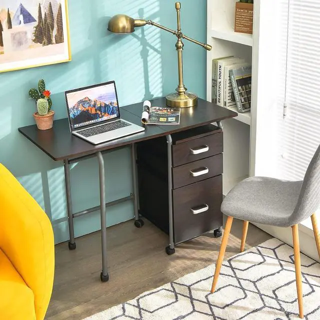 Alt view image 4 of 7 - Tangkula Folding Computer Desk with 3 Storage Drawers, Mobile Home Office Desk Study Writing Desk with Smooth Wheels, Space Saving Compact Desk for Dorm Apartment, Rolling Folding Desk Table