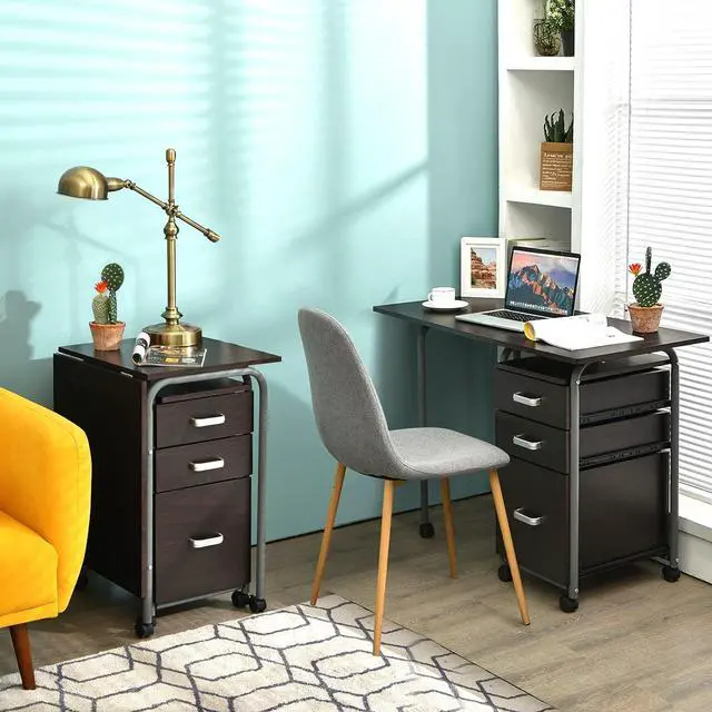 Alt view image 5 of 7 - Tangkula Folding Computer Desk with 3 Storage Drawers, Mobile Home Office Desk Study Writing Desk with Smooth Wheels, Space Saving Compact Desk for Dorm Apartment, Rolling Folding Desk Table