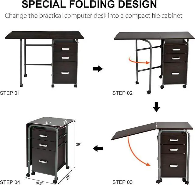 Alt view image 7 of 7 - Tangkula Folding Computer Desk with 3 Storage Drawers, Mobile Home Office Desk Study Writing Desk with Smooth Wheels, Space Saving Compact Desk for Dorm Apartment, Rolling Folding Desk Table