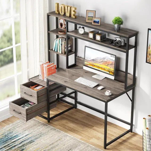 Alt view image 3 of 7 - Tribesigns 55 Inch Computer Desk with 2 Drawers and Storage Shelves, Rustic Office Desk with Hutch, Study Writing Gaming Table Laptop Workstation for Home Office(Grey)