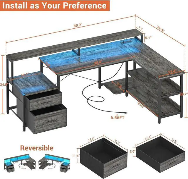 Alt view image 2 of 7 - Aheaplus L Shaped Desk with Power Outlet, Reversible L Shaped Computer Desk with File Drawer & Monitor Stand, Gaming Desk with LED Strip, Home Office Desk Corner Desk with Storage Shelf, Grey Oak