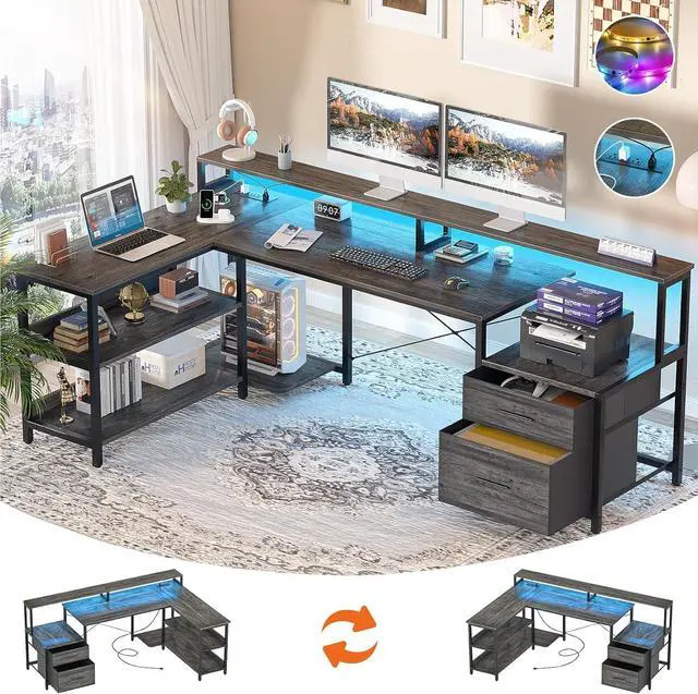 Main image of Aheaplus L Shaped Desk with Power Outlet, Reversible L Shaped Computer Desk with File Drawer & Monitor Stand, Gaming Desk with LED Strip, Home Office Desk Corner Desk with Storage Shelf, Grey Oak