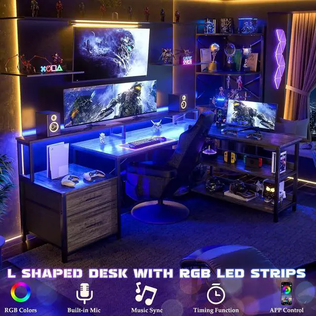Alt view image 3 of 7 - Aheaplus L Shaped Desk with Power Outlet, Reversible L Shaped Computer Desk with File Drawer & Monitor Stand, Gaming Desk with LED Strip, Home Office Desk Corner Desk with Storage Shelf, Grey Oak