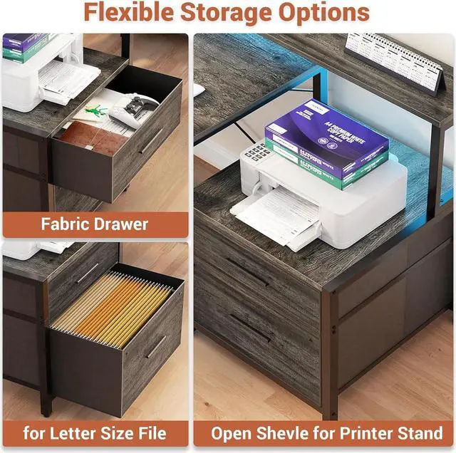 Alt view image 5 of 7 - Aheaplus L Shaped Desk with Power Outlet, Reversible L Shaped Computer Desk with File Drawer & Monitor Stand, Gaming Desk with LED Strip, Home Office Desk Corner Desk with Storage Shelf, Grey Oak