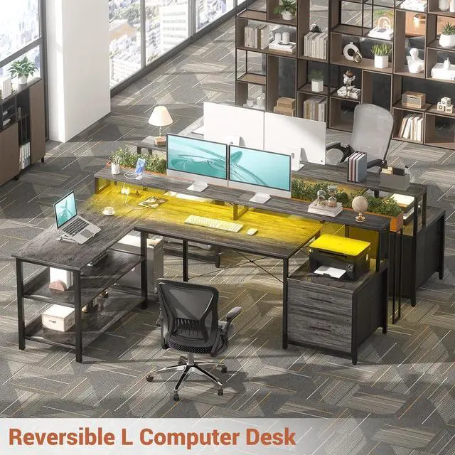 Alt view image 7 of 7 - Aheaplus L Shaped Desk with Power Outlet, Reversible L Shaped Computer Desk with File Drawer & Monitor Stand, Gaming Desk with LED Strip, Home Office Desk Corner Desk with Storage Shelf, Grey Oak