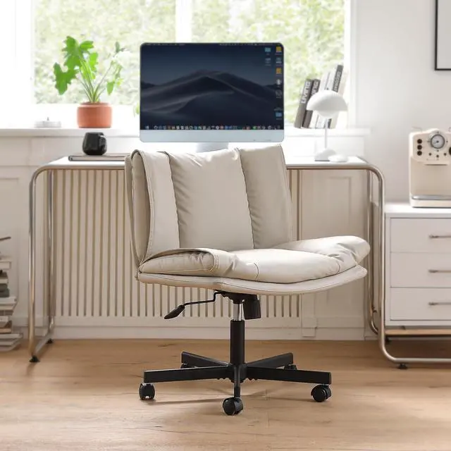 Alt view image 2 of 7 - Criss Cross Chair with Wheels, Armless Cross Legged Office Chair, Comfy PU-Leather Desk Chair, Modern Swivel Height Adjustable Computer Task Chair, Wide Seat Cute Chair for Home Office(Beige)