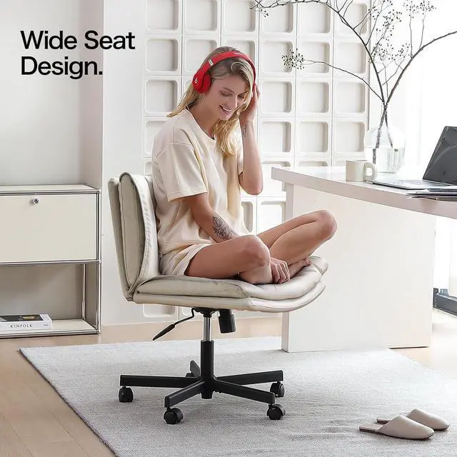 Alt view image 4 of 7 - Criss Cross Chair with Wheels, Armless Cross Legged Office Chair, Comfy PU-Leather Desk Chair, Modern Swivel Height Adjustable Computer Task Chair, Wide Seat Cute Chair for Home Office(Beige)