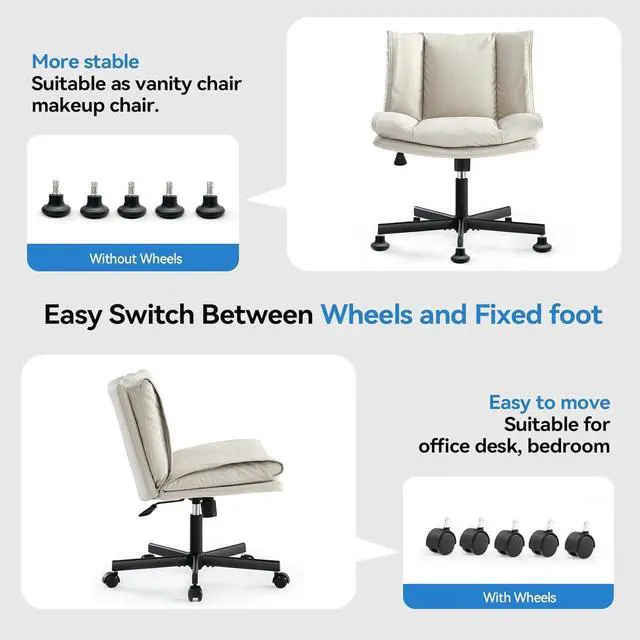 Alt view image 5 of 7 - Criss Cross Chair with Wheels, Armless Cross Legged Office Chair, Comfy PU-Leather Desk Chair, Modern Swivel Height Adjustable Computer Task Chair, Wide Seat Cute Chair for Home Office(Beige)