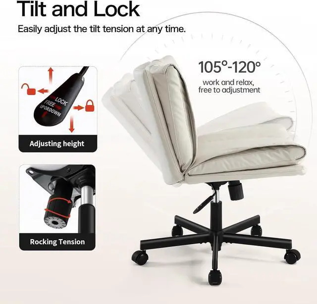 Alt view image 7 of 7 - Criss Cross Chair with Wheels, Armless Cross Legged Office Chair, Comfy PU-Leather Desk Chair, Modern Swivel Height Adjustable Computer Task Chair, Wide Seat Cute Chair for Home Office(Beige)