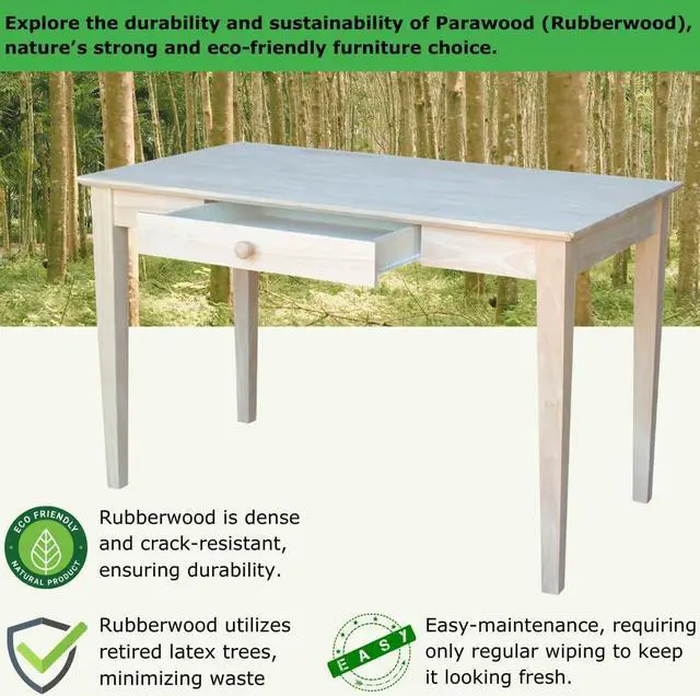 Alt view image 4 of 7 - IC International Concepts, Writing Desk With Drawer, Solid Real Wood, Sturdy Parawood, Dimensions 19.41"W x 15"D x 2.36"H, Home Office/Study, Paint/Stain Ready, Unfinished