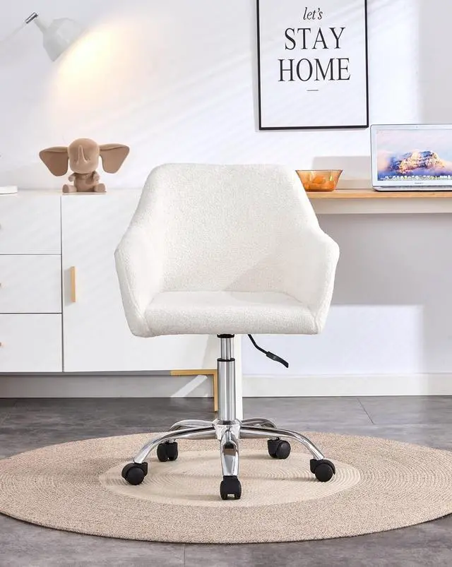 Alt view image 3 of 7 - Modern Faux Fur Home Office Chair, Upholstered Elegant Makeup Vanity Chair for Teen Girls Swivel Desk Chair, Height Adjustable Leisure Elegant Chair, White